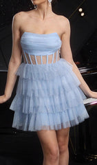 Dembe Dazzling Blue Sparkle Strapless Corset Tulle Mini Dress