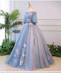 Beautiful Blue Tulle Off Shoulder with Lace Floral Long Party Dress