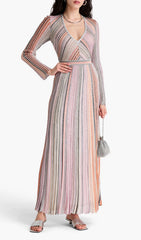 Hazen Glamorous Shimmer Stripe V-Neck Long Sleeve Maxi Dress