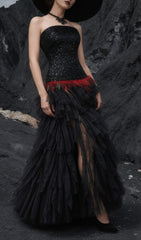 Jainna Black Sequin & Red Feather Strapless Mesh Maxi Gown