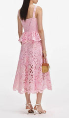 Fumito Chic Blush Pink Floral Lace Peplum Midi Dress for Women