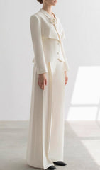Caresse Elegant Flower Lapel Blazer & Wide-Leg Pants Set