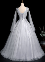 Grey V-neckline Ball Gown with Lace and Flowers Party Dress