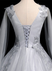 Grey V-neckline Ball Gown with Lace and Flowers Party Dress