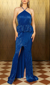 Braylin Blue Sequin Halter Maxi Dress