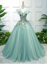 Hermoso vestido largo de tul verde con apliques de encaje para dulces 16