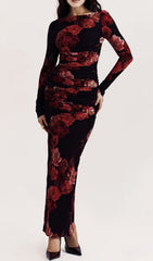 Chanda Elegant Rose Print Long Sleeve Ruched Maxi Dress