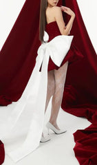 Cookie Red Sparkle Strapless Bow Mini Dress