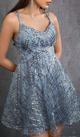 Harumi Luxe Grey Sequin & Floral Embroidery Strappy Mini Dress