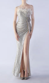 Dazzling Silver Sequin Feather Maxi Dress with High Slit & Rosette