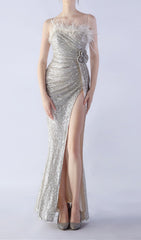 Dazzling Silver Sequin Feather Maxi Dress with High Slit & Rosette