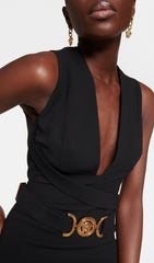 Buffy Black Bandage Midi Dress with Gold Medusa Belt