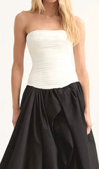 Elegant Strapless Ruched Black & White Colorblock Maxi Dress