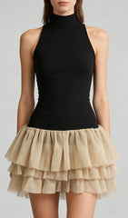 Jacarra Chic Black Halter Turtleneck Ruffle Tiered Mini Dress