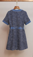 Chic Tweed & Denim Mini Dress with Gold Chain Accents