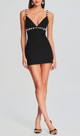 Berdine Black Rhinestone V-Neck Mini Dress