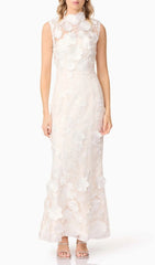 Enora White 3D Floral Appliqu Maxi Dress