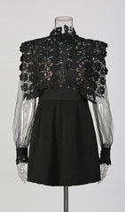 Jorden Black Lace Mock Neck Mini Dress with Sheer Sleeves