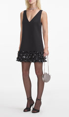Chic Black Crepe Mini Dress with Sparkling 3D Sequin Hem