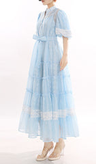 Jerilyn Dreamy Blue Lace Puff-Sleeve Tiered Midi Dress for Women