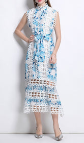 Errin Chic Blue Floral Lace Hollow Out Midi Dress