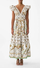Harding Elegant Floral V-Neck Tiered Maxi Dress