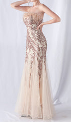 Glamorous Champagne Sequin & Feather Strapless Mermaid Gown