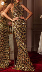 Liora Opulent Gold Sequin Crystal Halter Maxi Dress