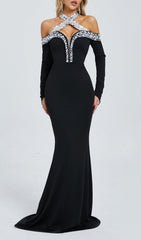 Damir Glamorous Beaded Off-Shoulder Long Sleeve Maxi Dress