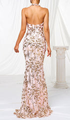 Fiadh Rose Gold Sequin Halter Slit Maxi Dress