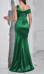 Brynn Emerald Green Ruched One-Shoulder Slit Maxi Dress