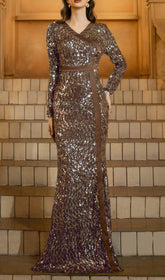 Foley Glamorous Brown Sequin Long Sleeve Maxi Dress