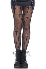 Gothic Cross Print Net Tights
