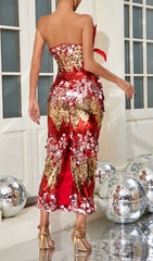 Buona Luxe Red & Gold Feather Sequin Maxi Gown