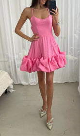 Glamorous Pink Satin Halter Mini Dress with Voluminous Ruffle Skirt