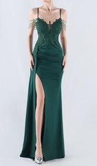 Elegant Emerald Green Beaded Corset Maxi Gown with High Slit
