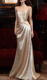 Opulent Champagne Gold Ruched Spaghetti Strap Maxi Gown