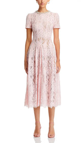 Elegant Pink Lace Embellished Fit-and-Flare Midi Dress
