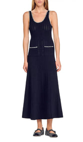 Chic Beaded Rib Knit Sleeveless Midi Dress with Pockets