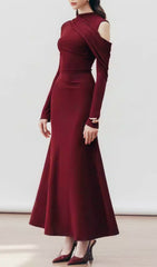 Gaines Wine Asymmetrical Draped Long Sleeve Maxi Dress