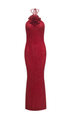Deimena Glamorous Red Crystal Halter Maxi Gown
