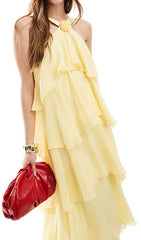 Falala Sunny Yellow Halter Tiered Maxi Dress