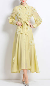Holly Yellow Floral Appliqu Long Sleeve Midi Dress