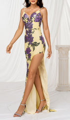 Finnea Glamorous Yellow Sequin Floral Maxi Dress with High Slit