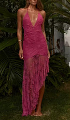 Bertha Rose Red Lace Halter Maxi Dress