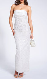 Alazne Opulent White Sequin & Pearl Strapless Maxi Gown