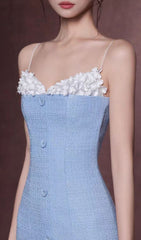 Juana Blue Floral Tweed Strappy Slit Midi Dress