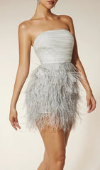 Frimara Strapless Feather Fringe Mini Dress