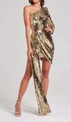 Glamorous Gold Sequin One-Shoulder Mini Dress