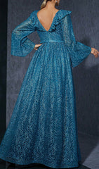 Divya Blue Shimmer Lace V-Neck Maxi Dress